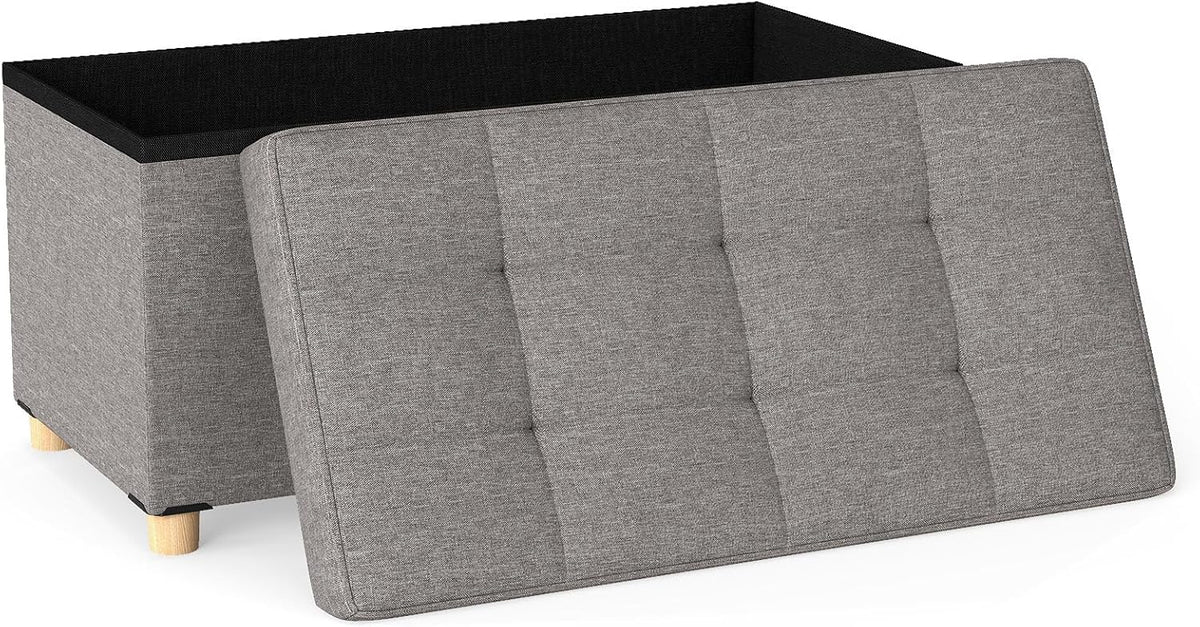 GOFLAME 30 Inches Storage Ottoman Bench, Linen Fabric Footstool with Flip Top Tray, Padded Foot Rest Stool, Rectangular Eed of Bed Bench, Storage Chest for Living Room, Entryway, Bedroom