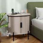 Bonzy Home Round Nightstand with Storage, Fluted Side Table with Charging Station, Mid Century Modern Bedside Table, End Table with Sliding Door for Living Room, Bedroom, Small Spaces, Oak