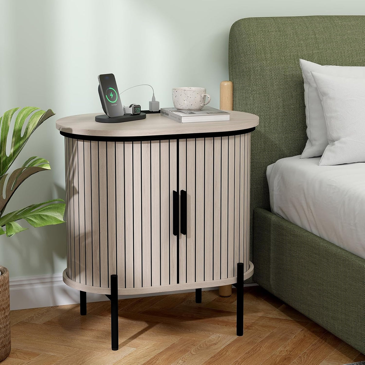 Bonzy Home Round Nightstand with Storage, Fluted Side Table with Charging Station, Mid Century Modern Bedside Table, End Table with Sliding Door for Living Room, Bedroom, Small Spaces, Oak
