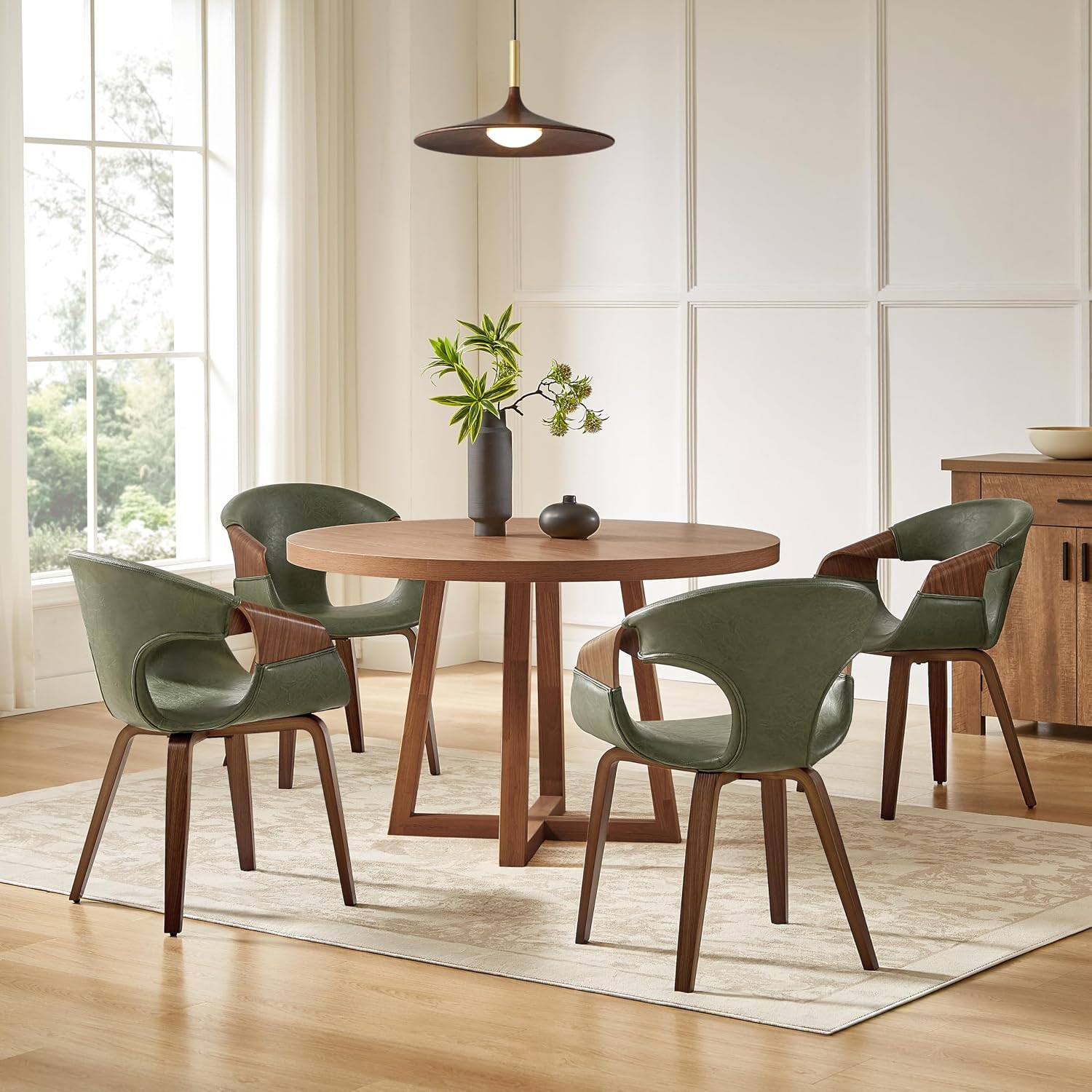 Zouron Mid Century Modern Dining Chair, Faux Leather Armchair with Wooden Legs, Padded Upholstery Accent Desk Chair No Wheels for Living Room Kitchen, Green