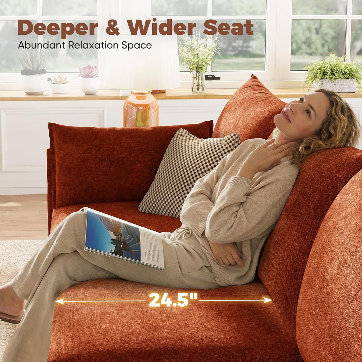 ABCASA L-Shaped 4-Seater Modular Sectional Sofa with Movable Storage Ottoman, Comfy Cloud Couch Set in Terracotta Orange Chenille for Living Room