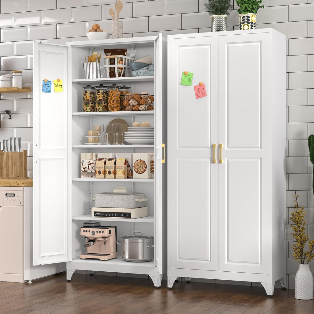 Polup 75" Pantry Cabinet, Tall Metal Storage Cabinet with Doors and Shelves | White Kitchen Cabinet, 5 Adjustable Shelving, Heavy-Duty Steel, Gold Handles, 4 Standing Feet, for Garage Office & Laundry