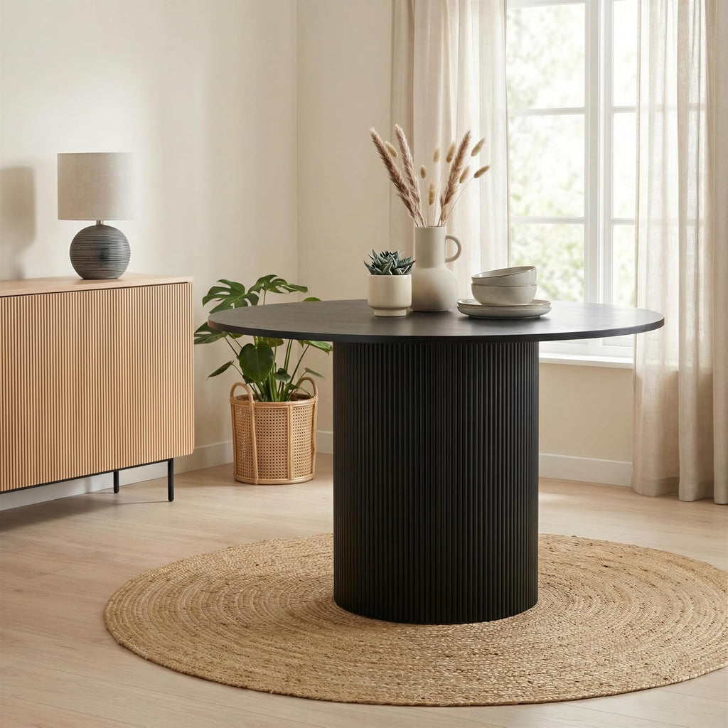 Furniturebox UK Dining Table - 'Penrose' Black 120cm 4-6 Seat Round Wooden Pedestal Dining Table - Melamine Veneer - Slatted Wood Pillar Leg - Modern Scandi Japanese Style Dining Furniture (Black)