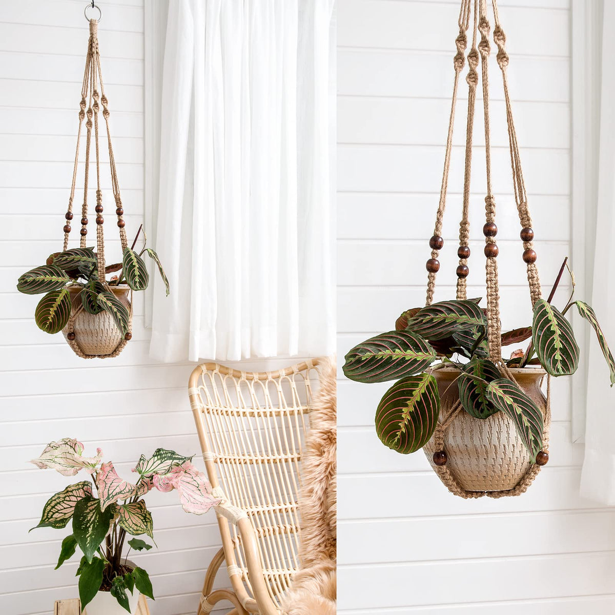 Mkono 3 Pack Macrame Plant Hangers Hanging Planters for Indoor Plants Brown