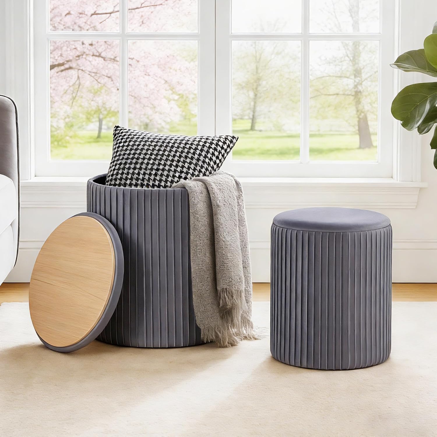DUMOS Round Ottomans with Storage Set of 2, Vanity Stool, Foot Stool | 14.57"D x 18.11"H and 12.60"D x 14.96"H, Velvet Sturdy Ottoman for Living Room, Bedroom, Dorm, Small Apartment, Black