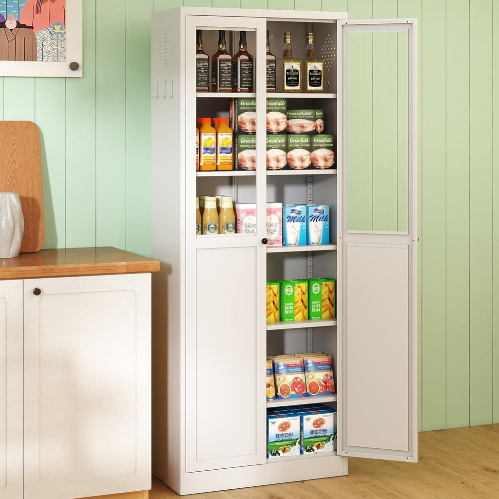 Kitchen Pantry Cabinet, 72" Tall Farmhouse Storage Cabinet, Kitchen Storage Cabinet with with Glass Doors and 5 Shelves, Cupboards Storage Shelf for Dining Room Use, Assembly Required