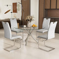 Modern Luxury Round Glass Dining Set for 4, 5 Pieces Clear Circle Glass Kitchen Table with Grey Faux Leather Chairs Set, 47'' Minimalist Circular Dinner Room Set, for Large Place (Silver)