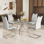 Modern Luxury Round Glass Dining Set for 4, 5 Pieces Clear Circle Glass Kitchen Table with Grey Faux Leather Chairs Set, 47'' Minimalist Circular Dinner Room Set, for Large Place (Silver)