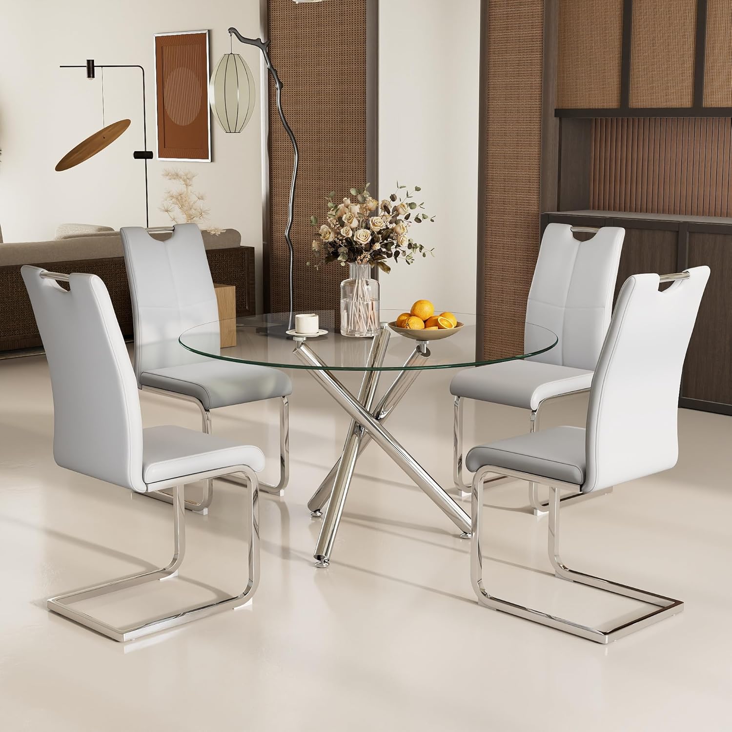 Modern Luxury Round Glass Dining Set for 4, 5 Pieces Clear Circle Glass Kitchen Table with Grey Faux Leather Chairs Set, 47'' Minimalist Circular Dinner Room Set, for Large Place (Silver)