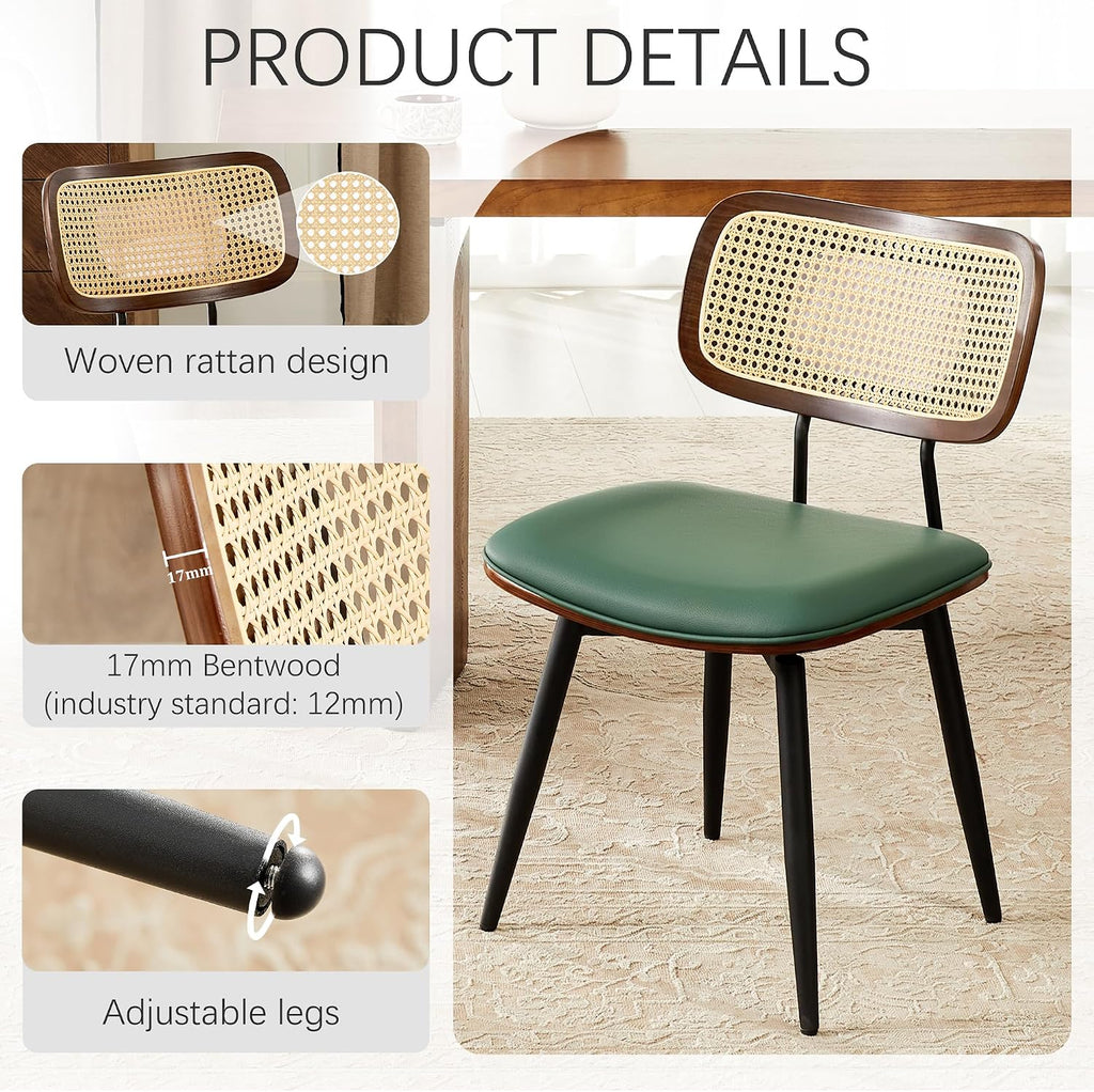 Dining Chairs, Set of 4, Modern, Green, Rattan & Faux Leather, Swivel with 360 Rotation, Ergonomic & Adjustable Height