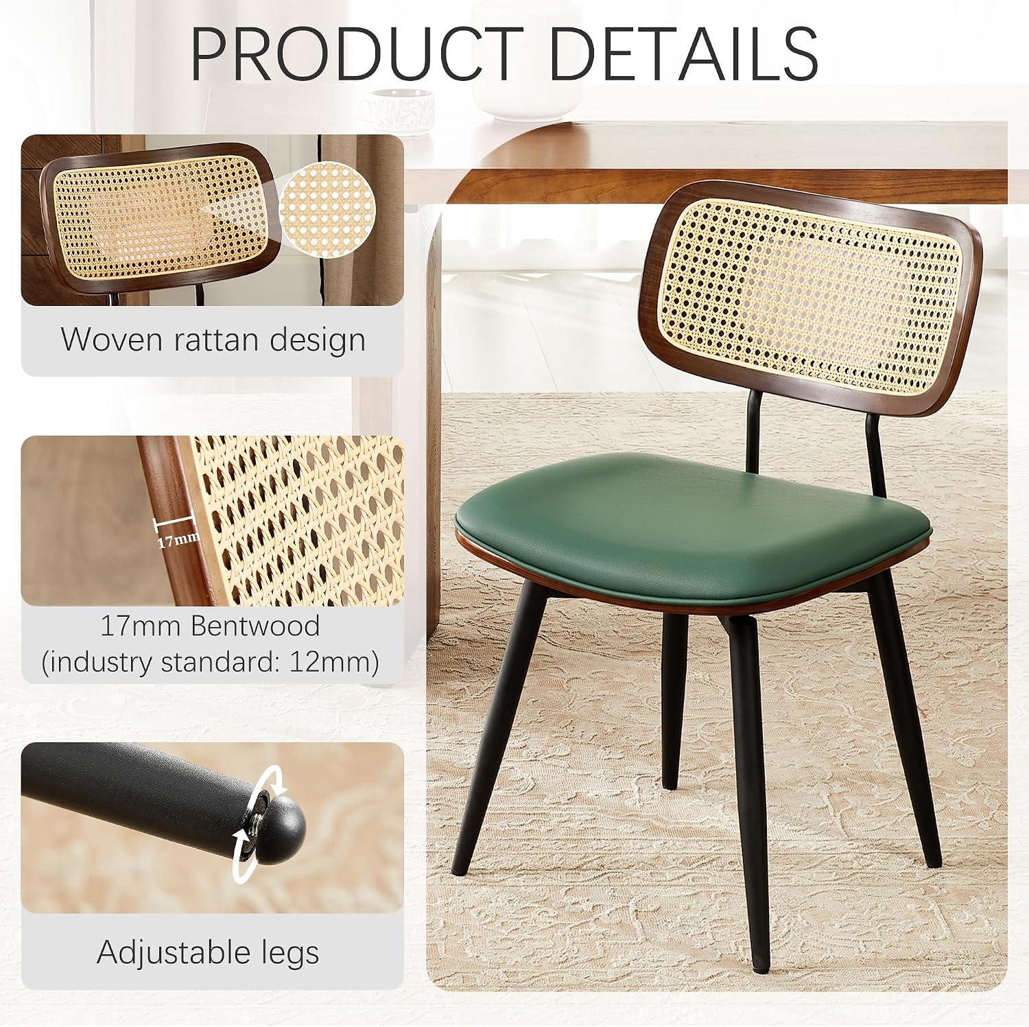 Dining Chairs, Set of 4, Modern, Green, Rattan & Faux Leather, Swivel with 360 Rotation, Ergonomic & Adjustable Height