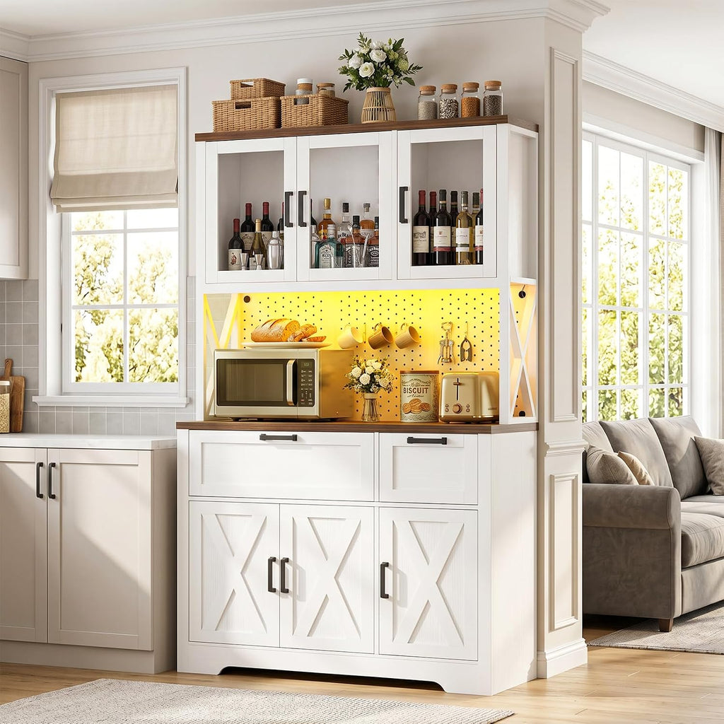 Unikito 71" Tall Pantry Cabinet, Kitchen Pantry Storage Cabinet with Charging Station & LED Lights, Freestanding Microwave Stand Coffee Bar Hutch with Drawers & DIY Pegboard for Dining Room, White