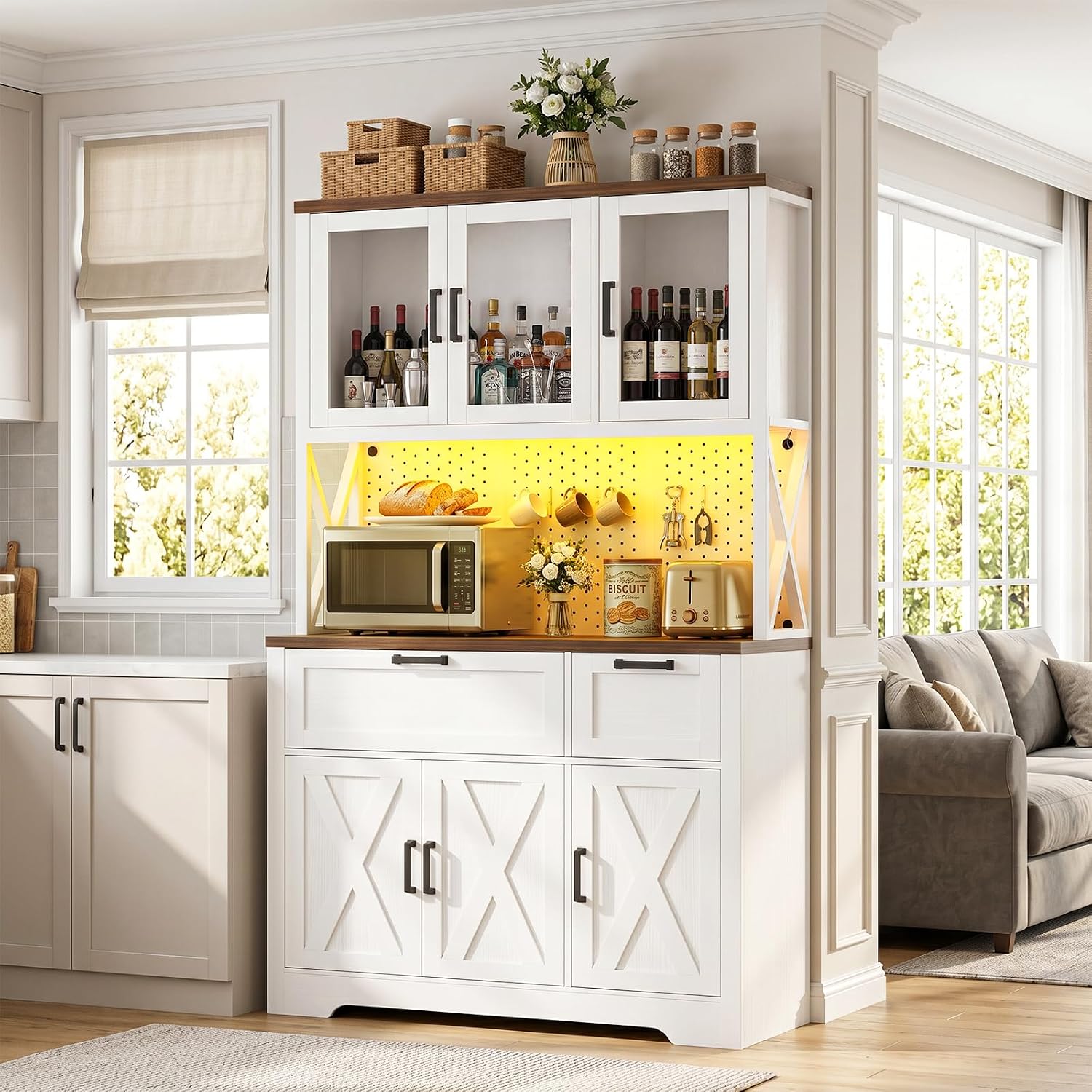 Unikito 71" Tall Pantry Cabinet, Kitchen Pantry Storage Cabinet with Charging Station & LED Lights, Freestanding Microwave Stand Coffee Bar Hutch with Drawers & DIY Pegboard for Dining Room, White