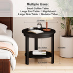 Solid Wood Round End Table with Storage Shelf, 22" W x 20" H, Mid Century Modern Wooden Coffee/End/Side Table for Bedroom Living Room, Black