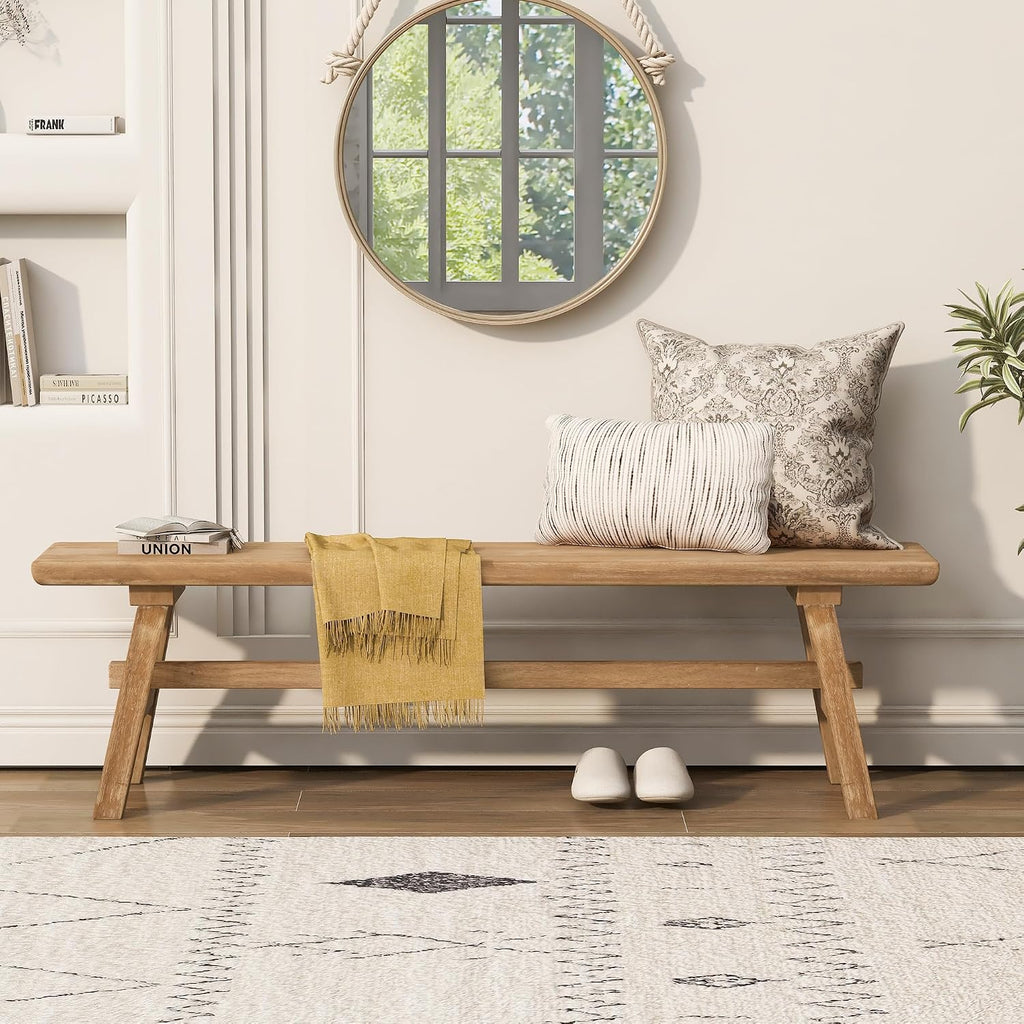 Solid Wood Bench 55 in, Rustic Farmhouse Entryway Bench with Storage, Indoor Shoe Bench, Natural Wood Tone