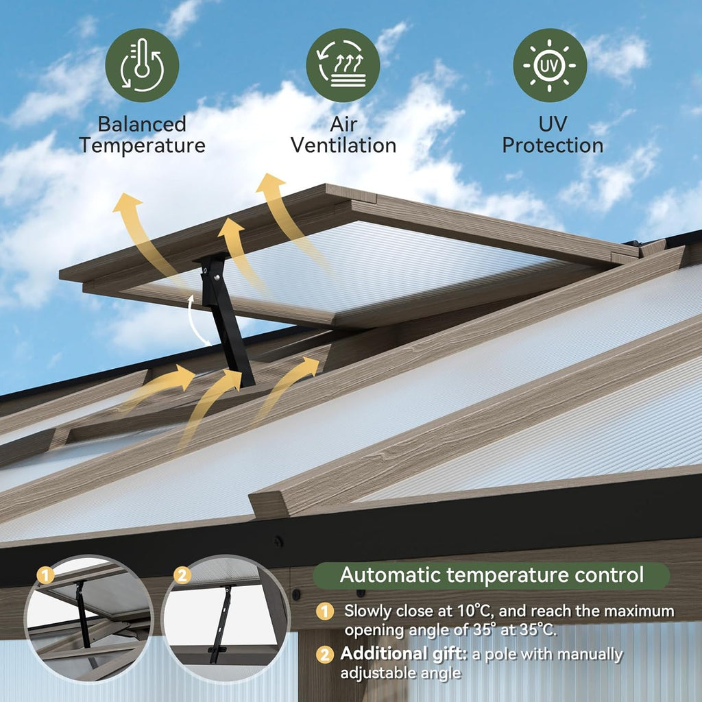 Aoxun 6x12 FT Wood Green House for Outdoors, Polycarbonate Panel Wooden Walk-in Greenhouse Kit with Automatic Temperature Control Roof Vent and Lockable Door, for Outside Backyard Garden, Gray