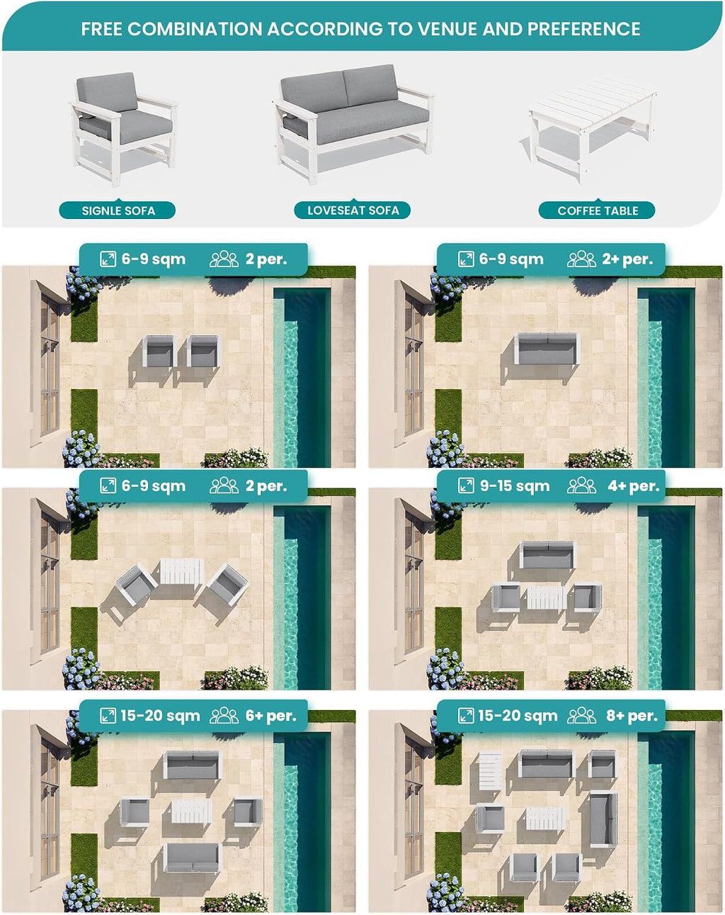 SERWALL HDPE Outdoor Loveseat with Cushions, All Weather Use Outdoor Loveseat Sofa, White Frame/Grey Cushion
