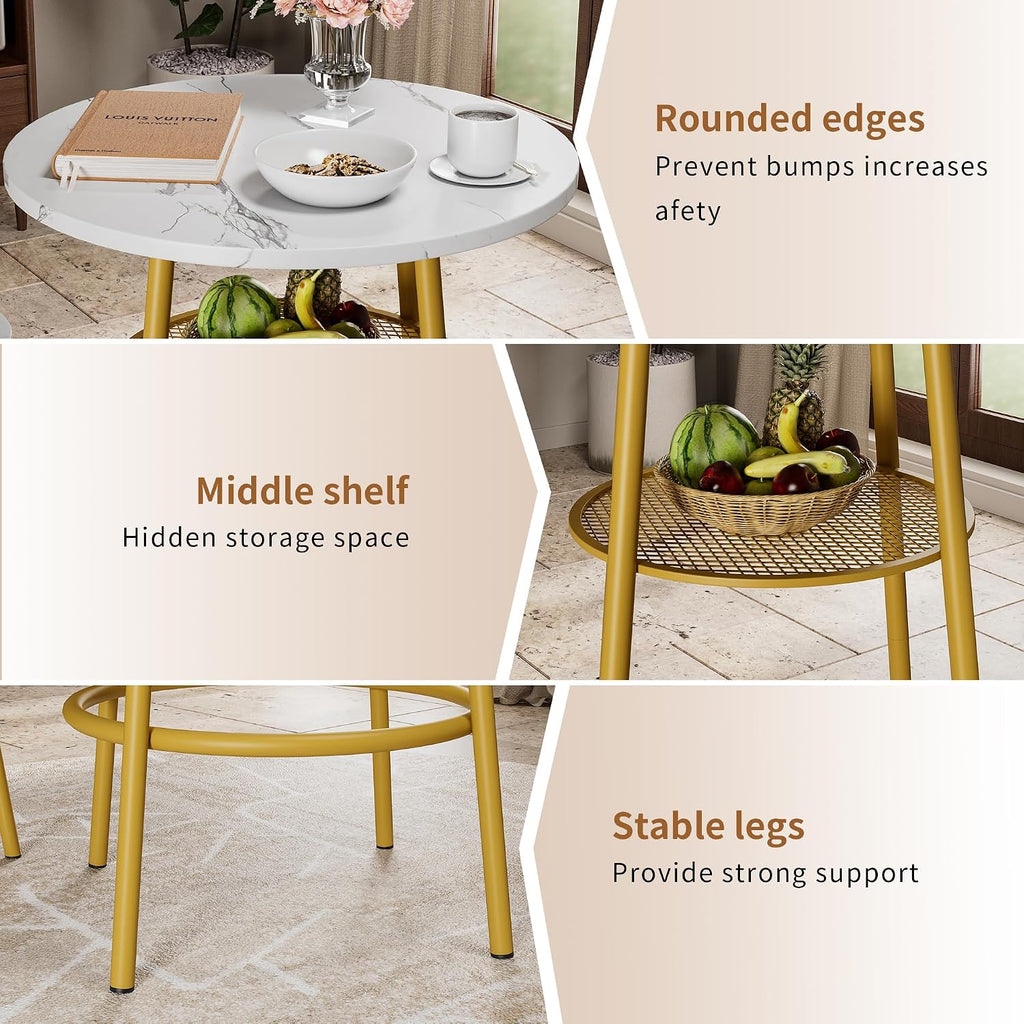 3 Pieces Round Bar Table Set, Small Dining Table for 2 Faux Marble Tabletop | Kitchen Bar Table, 2 Stools with Backrest, Breakfast Table with Storage, Round Tabletop