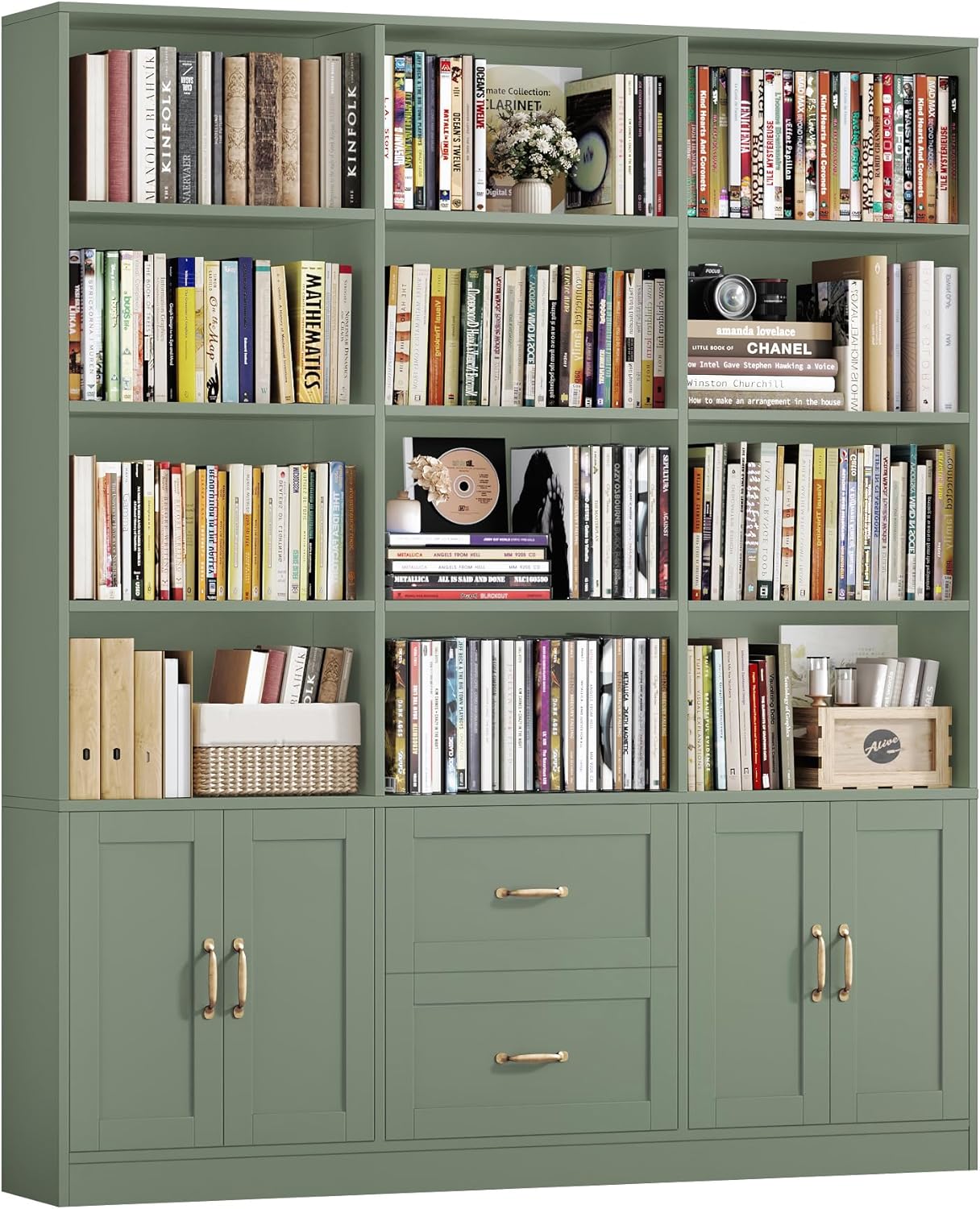 HOSTACK 71" Tall Triple Wide Bookshelf with Storage Drawers & Doors, Green