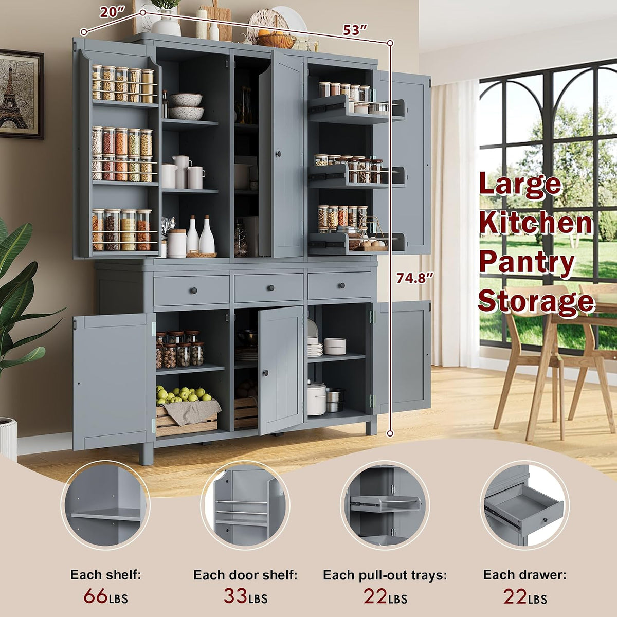 Harper & Bright Designs Kitchen Pantry Storage Cabinet with Door Shelves, Adjustable Shelves, Pull-Out Trays and Drawers, Freestanding Cupboard for Kitchen, Dining Room, Living Room,Grey