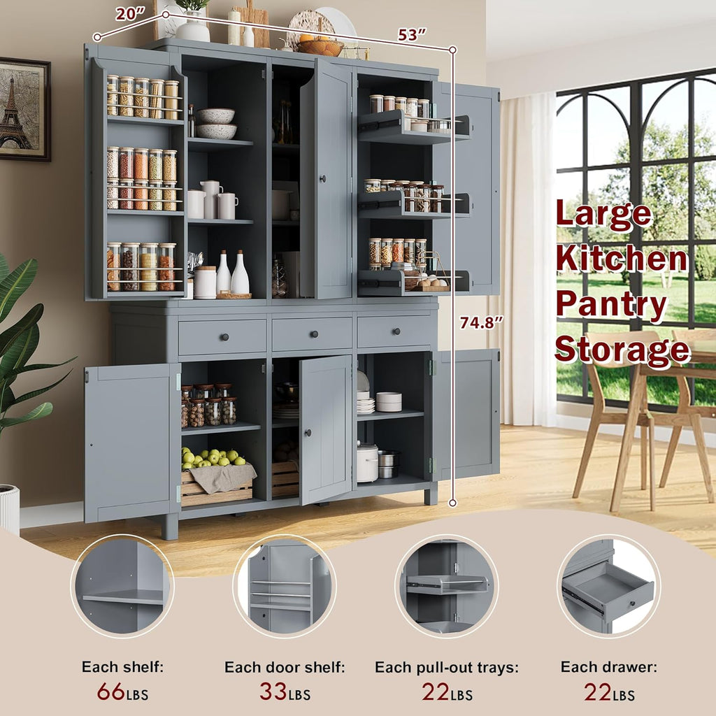 Merax 74.8'' Tall Kitchen Pantry Storage Cabinet with 6 Doors, 3 Drawers and Adjustable Shelves, Freestanding Large Cupboard & Pull-Out Trays for Kitchen, Dining Room, Living Room, Gray