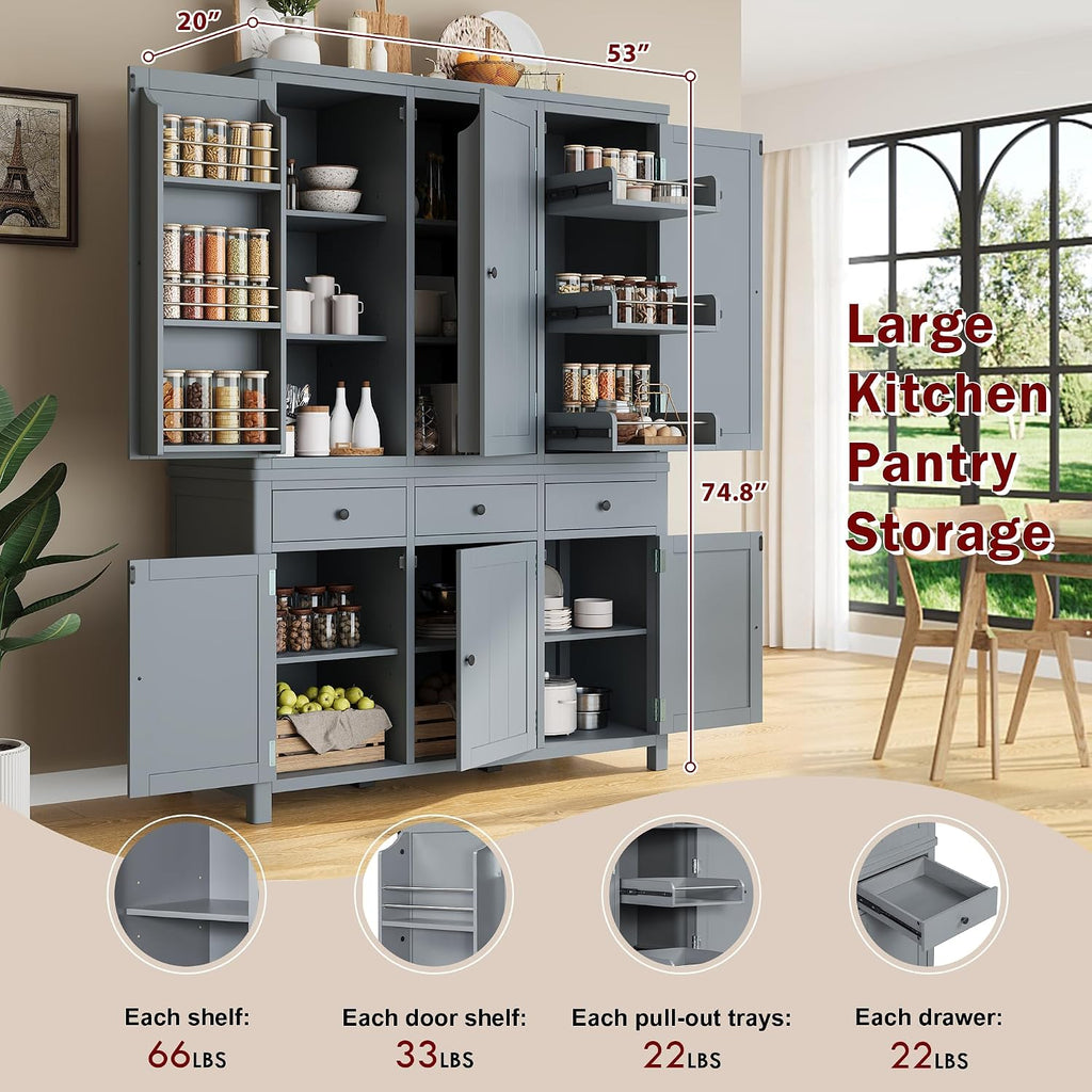 Pantry Storage Cabinet with Door Shelves and Drawers, Freestanding Tall Cupboard with Adjustable Shelves and Pull-Out Trays (Gray)