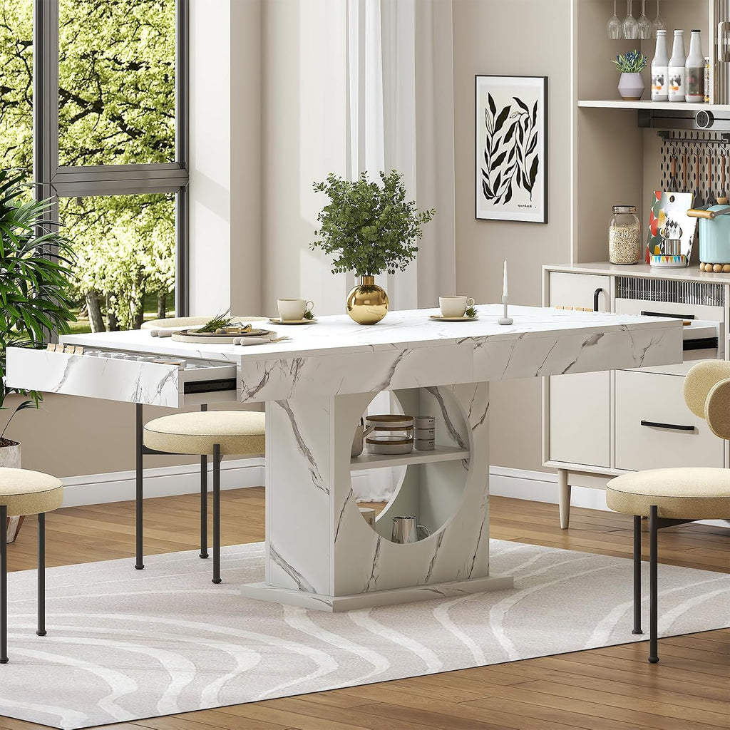 Dining Table for 4-6 People, 55 Inches Dinner Table with Drawers and Open Storage, Wooden Pedestal Base, Rectangular Farmhouse Kitchen Table for Kitchen, Living Room, Marble White