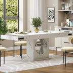 Dining Table for 4-6 People, 55 Inches Dinner Table with Drawers and Open Storage, Wooden Pedestal Base, Rectangular Farmhouse Kitchen Table for Kitchen, Living Room, Marble White