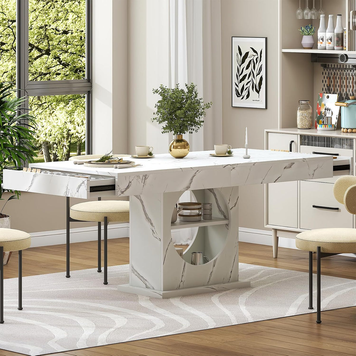 Dining Table for 4-6 People, 55 Inches Dinner Table with Drawers and Open Storage, Wooden Pedestal Base, Rectangular Farmhouse Kitchen Table for Kitchen, Living Room, Marble White
