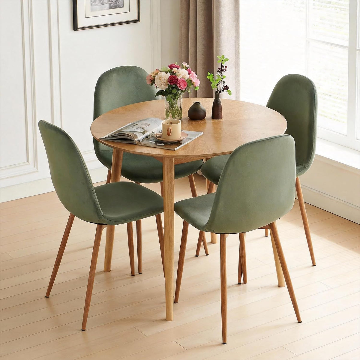 Small Dining Table Set for 4, Modern Round Dining Table with 4 Velvet Dining Chairs in Metal Legs, Easy Assembly for Compact Spaces - Green