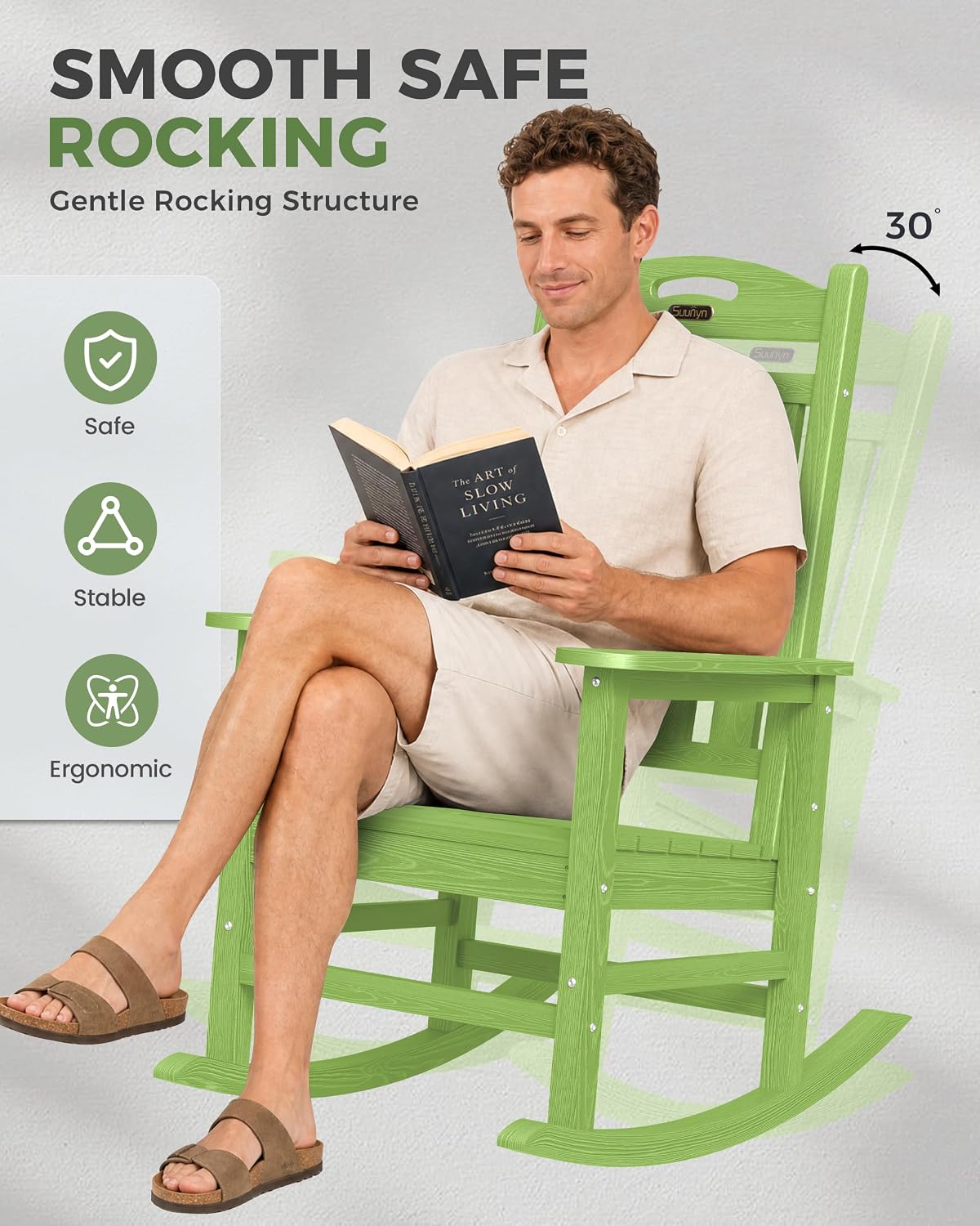 Rocking Chairs Outdoor, Oversized Patio Rocking Chair, All Weather Resistant HDPE, Heavy Duty Porch Rocker Chair with High Back Wide Arm Rest, LemonGreen