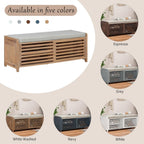 Ball & Cast Entryway Storage Bench with Shutter Doors, 43.3" Wooden Shoes Organizer, Modern Movable Upholstered Seat Entryway Shoe Rack Cabinet for Hallway Living Room, Natural White