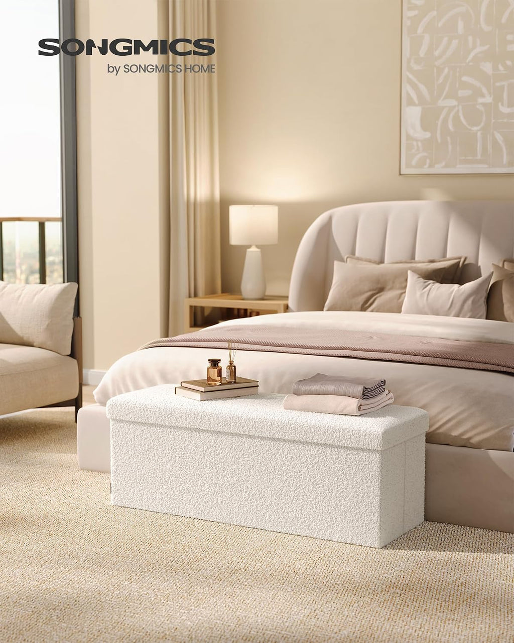 SONGMICS Large Folding Storage Ottoman Bench, 15 x 43 x 15 Inches | Foot Rest Stool, Load up to 660 lb, Cappuccino White and Ink Black, MINOTA Collection ULSF097W01