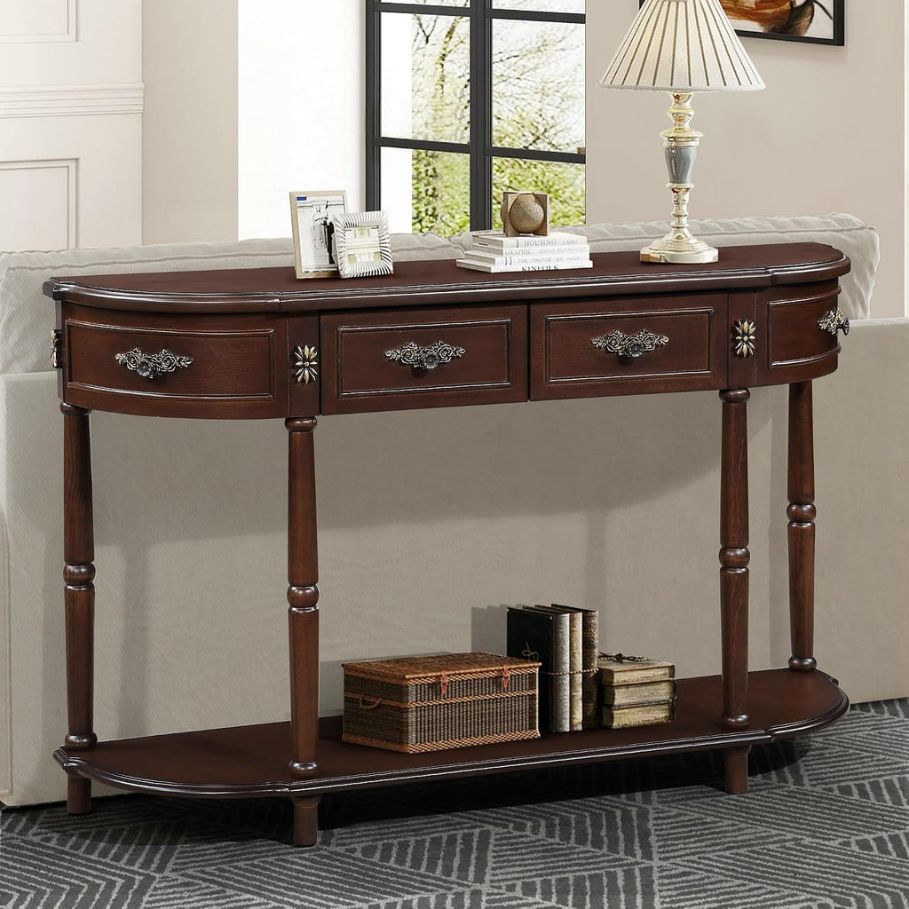 LUMISOL Retro Curved Sofa Table Behind Couch, Solid Wood Entryway Table with 2 Drawers and Open Shelf, 2 Tier Half Moon Console Table for Entrance Living Room, Espresso