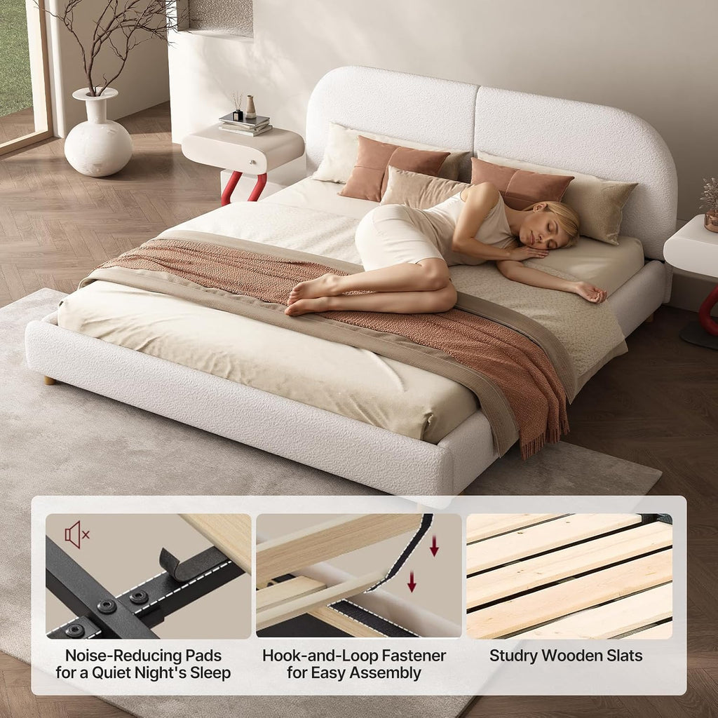 Kenhome Queen Size Boucle Cloud Bed Frame, Upholstered Platform Bed with Curved Headboard & Solid Wood Frame, Luxurious & Easy Assembly (Beige, Queen (U.S. Standard))