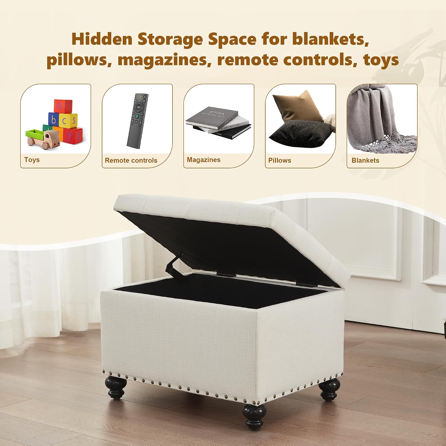 Zihanhome Small Storage Ottoman, Tufted Ottoman Foot Rest, Foot Stools, 24" Upholstered Rectangle Bench with Solid Wood Legs for Living Room, Bedroom, Dorms and Apartments (White)