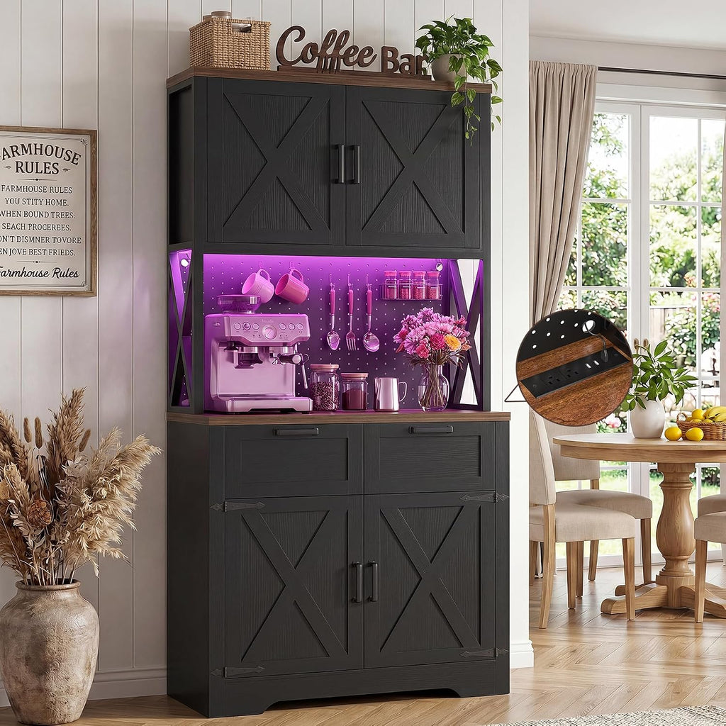 Unikito Pantry Cabinet with Microwave Countertop, 71" Tall Kitchen Pantry Storage Cabinet with Charging Station & LED Lights, Freestanding Kitchen Hutch with Drawers& Pegboard for Dining Room, Black