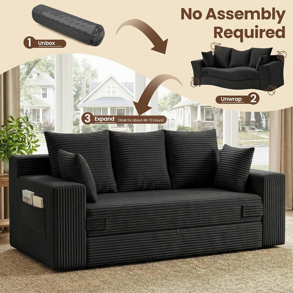 JUIKURY Couches 70 inch: 3-in-1 Convertible Sofa Bed Futon Couch Bed, Oversized Loveseat Sleeper Sofa with 5 Pillows, Black Small Couch for Living Room, Bedroom & Small Space