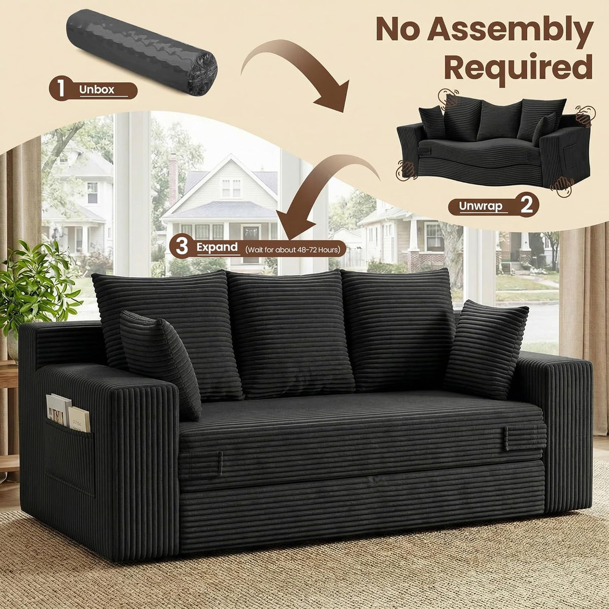 JUIKURY Couches 70 inch: 3-in-1 Convertible Sofa Bed Futon Couch Bed, Oversized Loveseat Sleeper Sofa with 5 Pillows, Black Small Couch for Living Room, Bedroom & Small Space