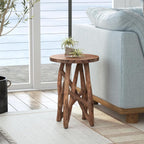 East at Main Solid Wood Round Side Table, End Table & Plant Stand – Rustic Handcrafted Accent Table with Unique Stick-Leg Design – Brown Wood Finish for Living Room, Bedroom, or Entryway