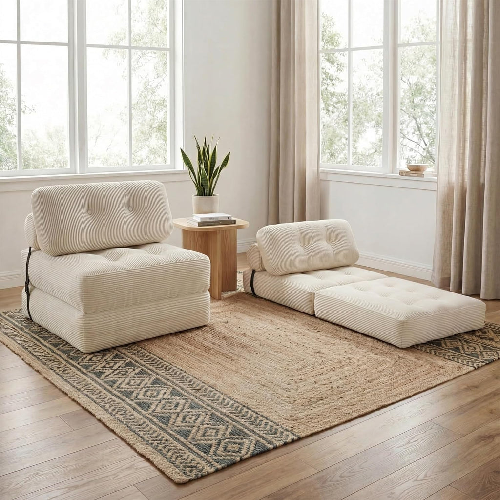 KOMFOTT Convertible Folding Sofa Bed with Pillow, Fold Out Sleeper Chair with Back Support, Tufted Corduroy Floor Sofa with Fixing Straps for Living Room Bedroom Guest Room (Beige)