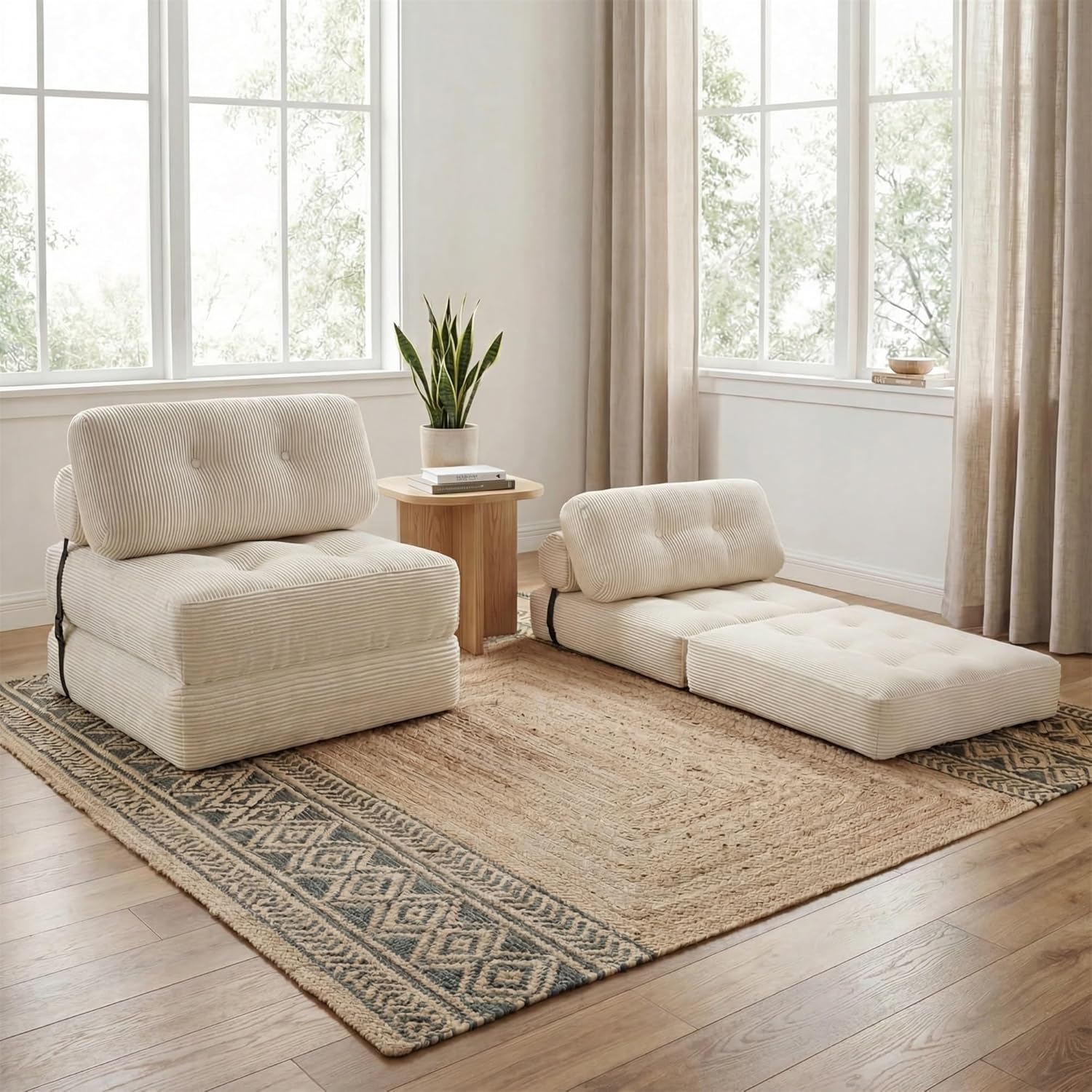 KOMFOTT Convertible Folding Sofa Bed with Pillow, Fold Out Sleeper Chair with Back Support, Tufted Corduroy Floor Sofa with Fixing Straps for Living Room Bedroom Guest Room (Beige)