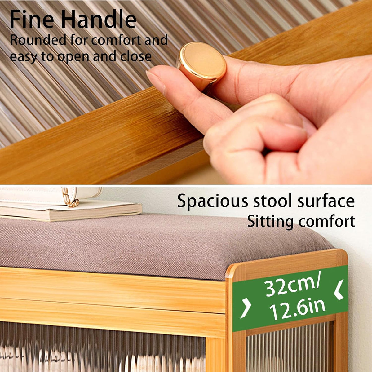 Shoe Storage Bench- Bamboo Entryway Bench with Seat Cushion, 2-Tier Shoe Rack with Removable Dividers and Hidden Storage Space, Organizer Ottoman for Bedroom, Mud Room, Patio, Natural-Small
