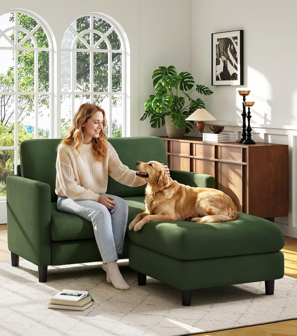 Welzona Loveseat Sofa with Ottoman, 51" Small L Shaped Teddy Couch Sofa | Comfy Teddy Fabric, Tool-free Setup, Washable Covers, All-wood Couch Sets for Living Room, Bedroom, Small Spaces, Green