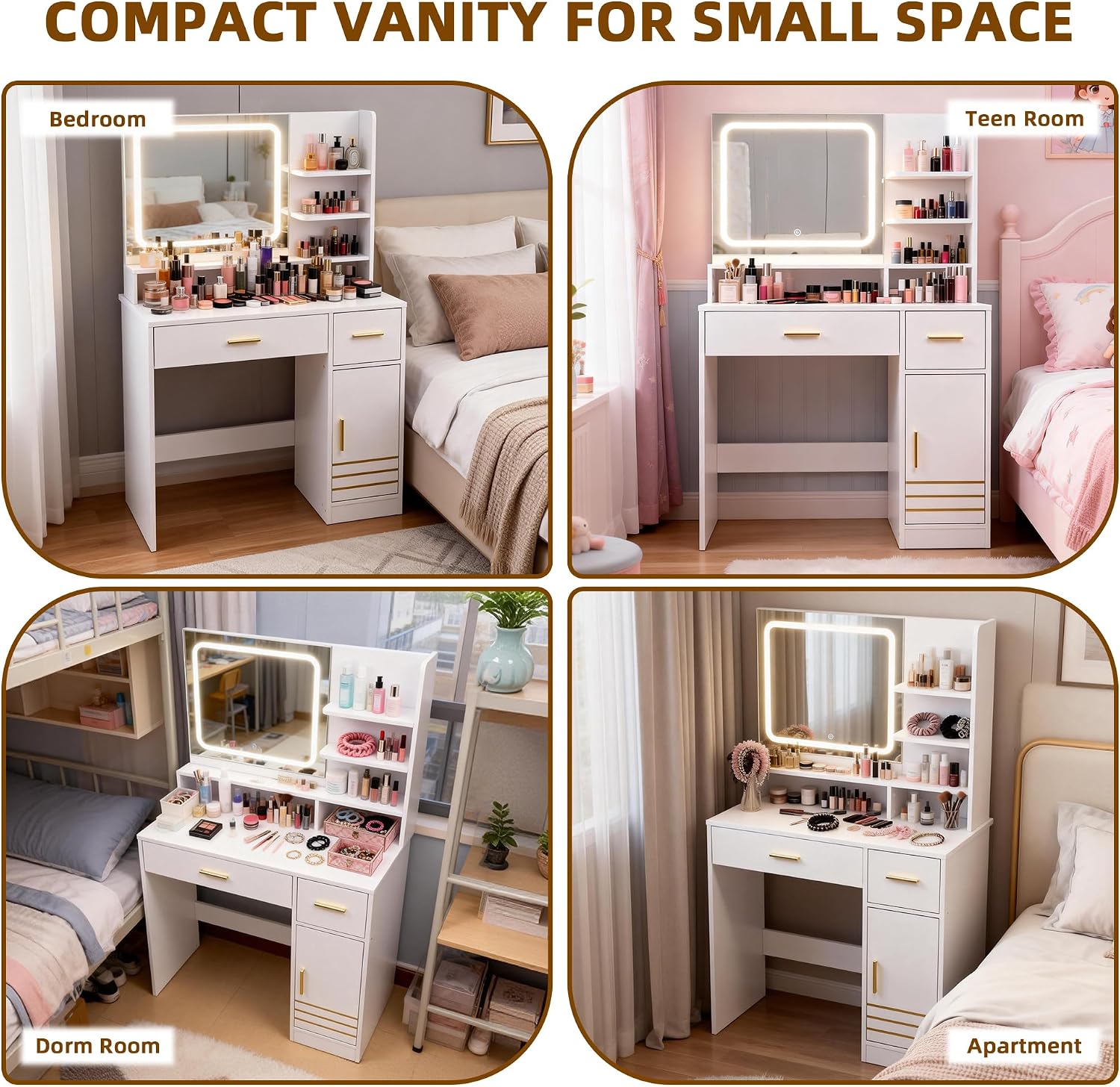 35.4" W Vanity Desk with Power Outlet Mirror and LED Lights Heavy Duty Makeup Vanitys Table with 2 Drawers & 3 Open Shelves & 1 Cabinet Storage for Bedroom Dressing, White
