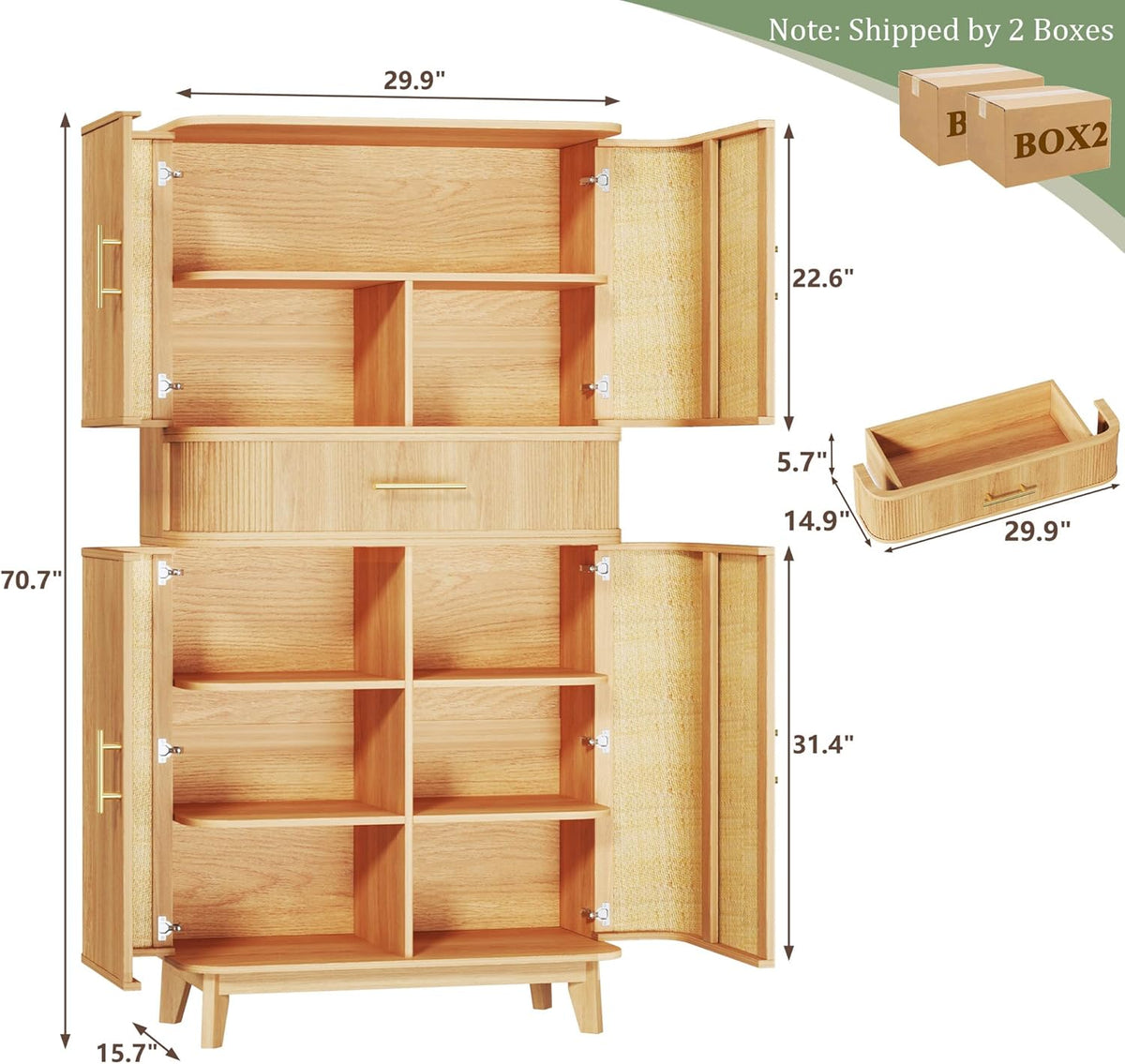 HUAHUU 71" Pantry Cabinet with Drawer, Kitchen Pantry Storage Cabinet with 4 Doors, Modern Curved Storage Cabinets with 10 Large Storage Spaces for Dining Room, Living Room, Oak