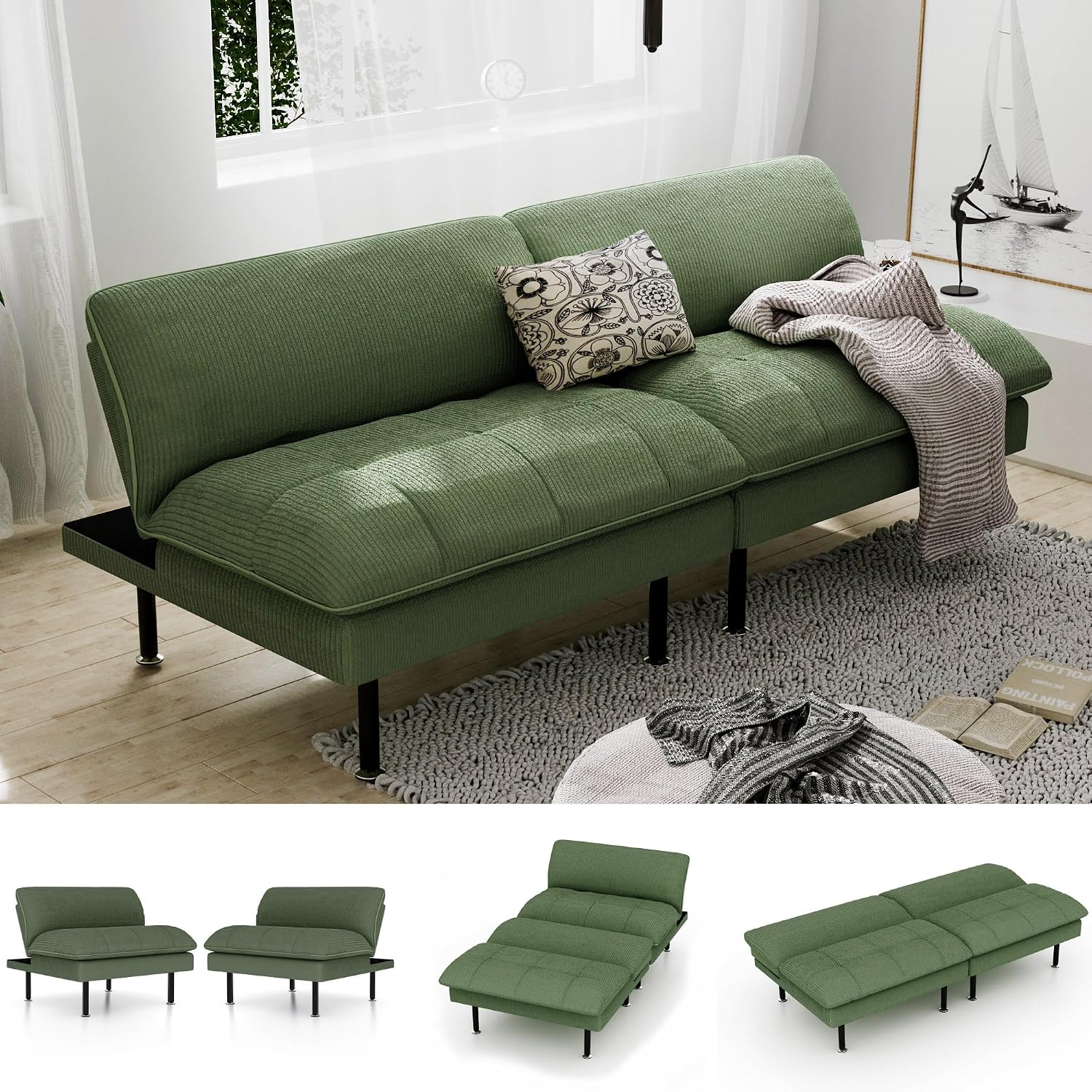 Ribilake 70" Futon Sofa Bed, 4 in 1 Multi-Function Couch Sleeper with Adjustable Backrest, Modern Convertible Futon, Recliner Small Loveseat for Living Room, Dorm, Green