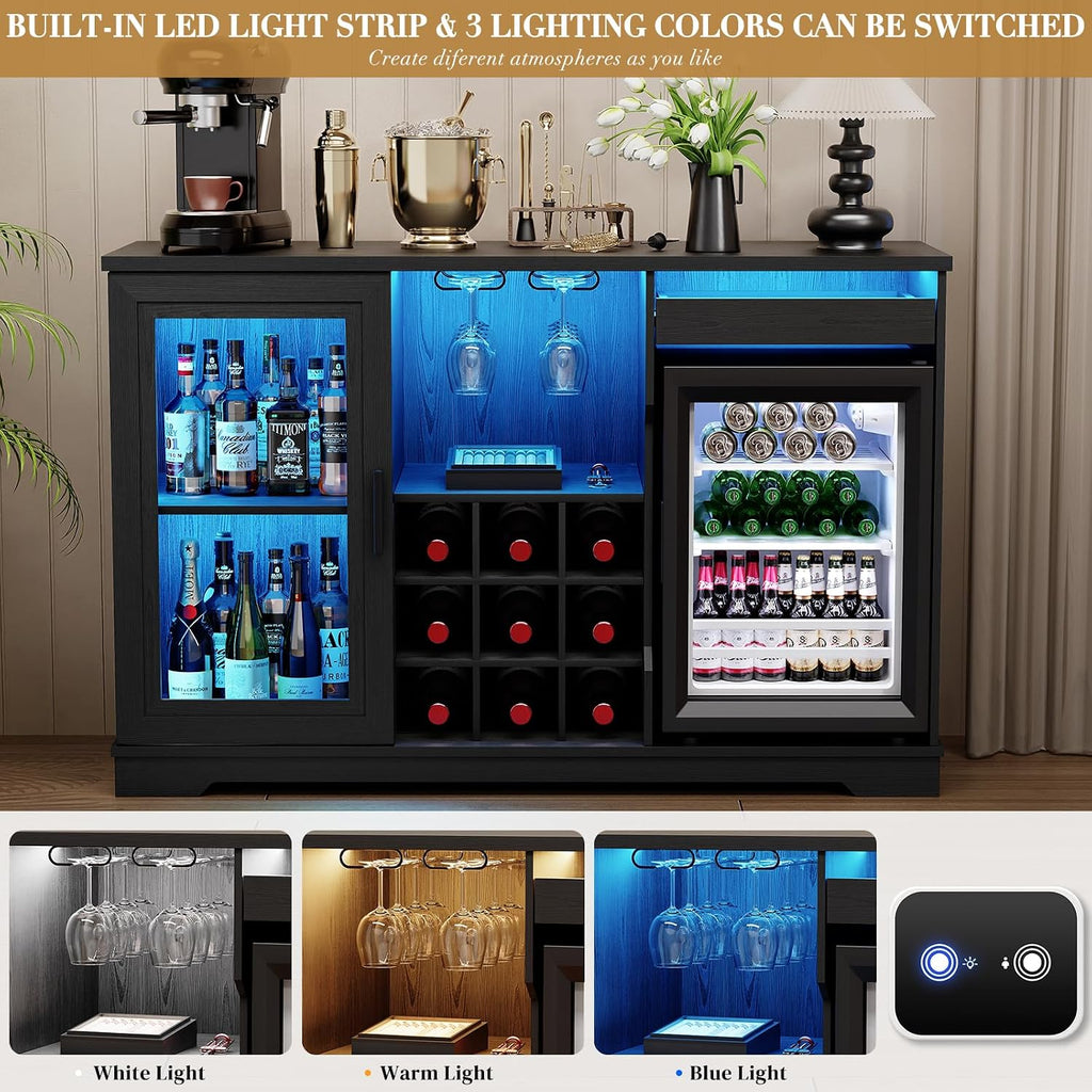 BROTTAR Large Coffee Bar Cabinet with Fridge (Fridge Included) | Liquor Wine Bar Cabinet with LED Lights, Glass Holder, Wine Rack, Human Body Sensor, Buffet Sideboard for Home, Black