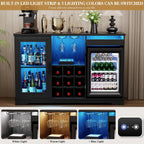 BROTTAR Large Coffee Bar Cabinet with Fridge (Fridge Included) | Liquor Wine Bar Cabinet with LED Lights, Glass Holder, Wine Rack, Human Body Sensor, Buffet Sideboard for Home, Black
