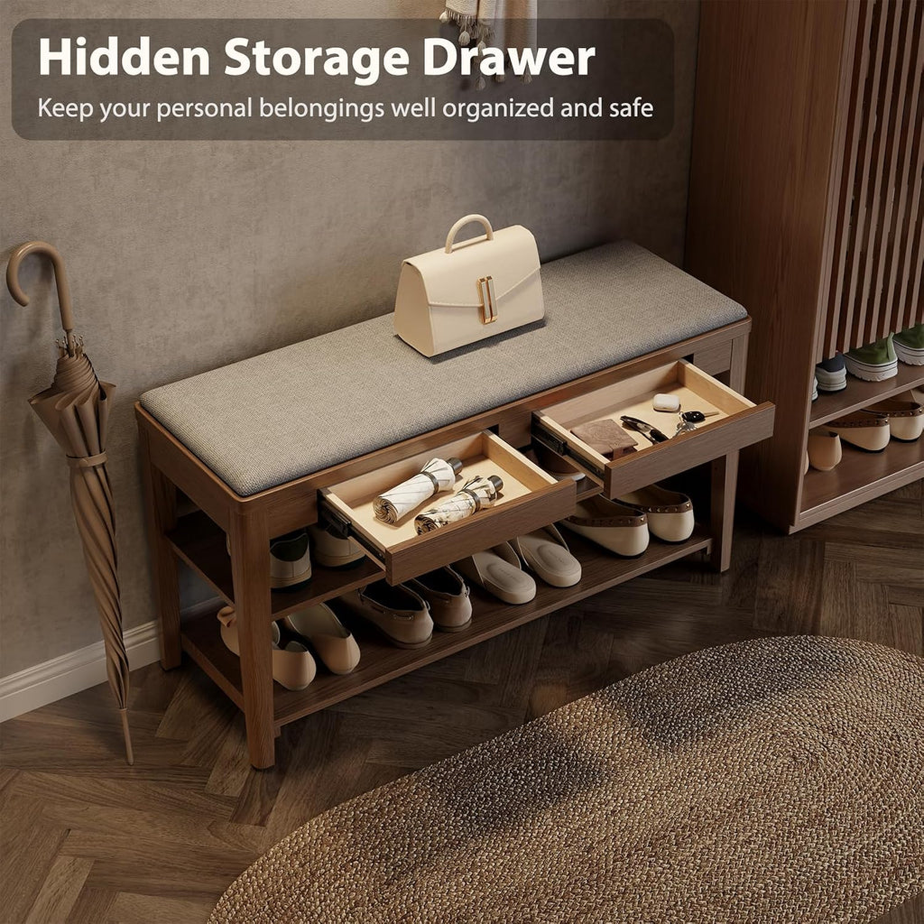 Shoe Bench with Storage, Wooden Shoe Storage Bench with Cushion&Hidden Drawer, 2-Tier Shoe Rack Bench for Entryway, Mudroom, Hallway
